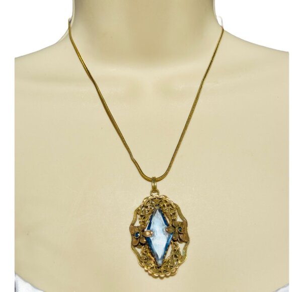 Victorian Blue Glass Diamond Shaped Filigree Pendant Necklace Gold Tone - Picture 5 of 8